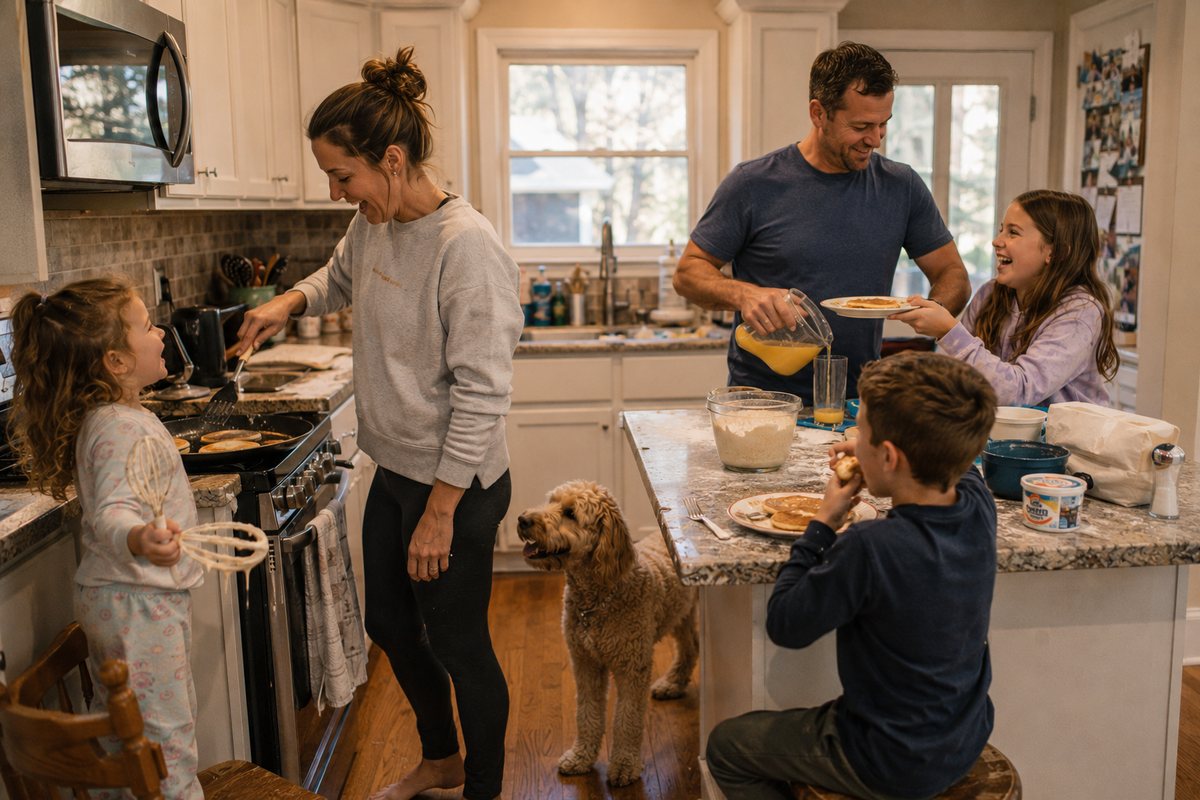 A busy young family making pancakes together in the kitchen