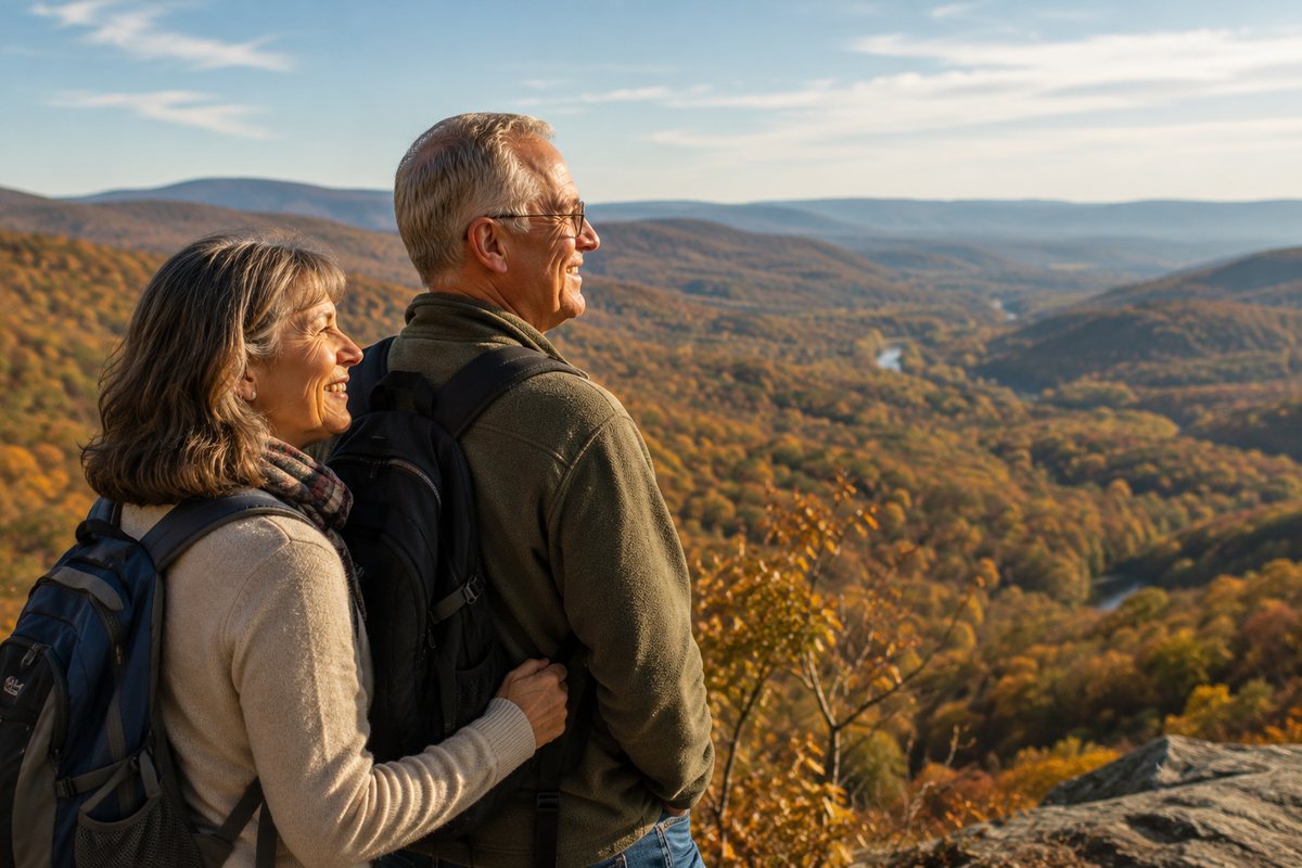 An older couple hiking, looking out over a valley of fall color