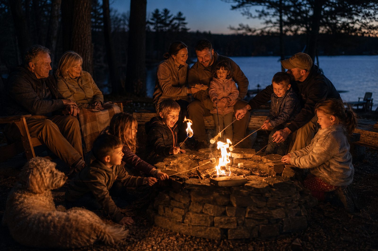 Three generations of the Stahl family gathered around a fire pit at the lake