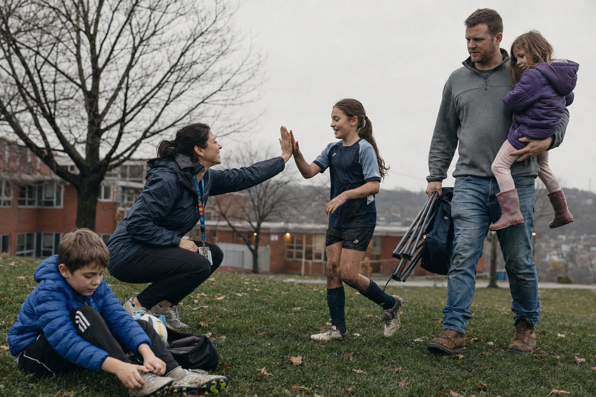 Max and Joy Stahl with their three kids after a soccer game